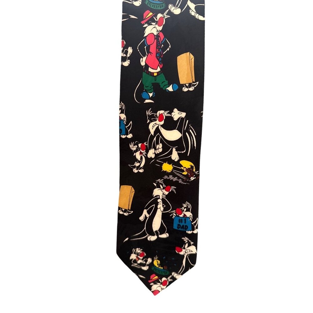 Looney Tunes Mania Sylvester #1 Dad Tie 1995 100% Polyester Black Novelty Neckti